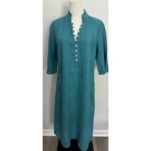 Soft Surroundings Size Petite M Midi Theodora Dress 100% Linen Teal Minimalist